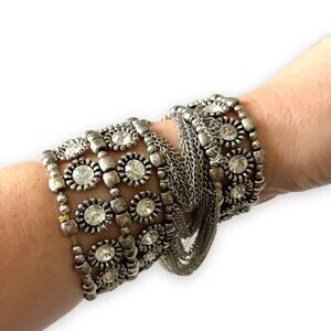 Silver Cage Cuff Bracelet Stretch Beaded Chain Rhinestone Glam Disco Avant Garde